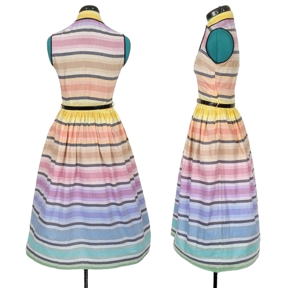 1950s Rainbow Dress 50s Vintage Fit N Flare Summer Tea Retro XS Rhinestone RARE - Picture 3 of 11